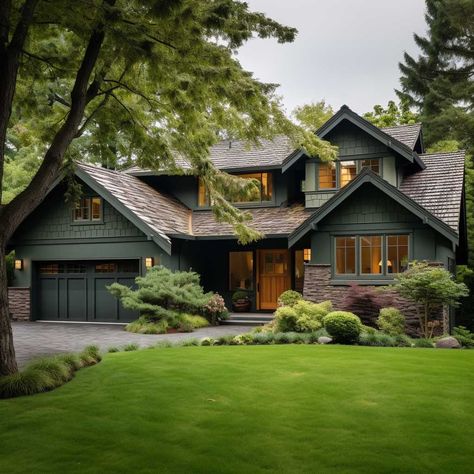 Green Siding House Brown Roof, Dark Rancher Exterior, Dark Green House Exterior With Stone, Brown Brick And Siding Exterior, Woodsy Exterior House Colors, House Colors Exterior With Brick, Craftsman Exterior Colors Schemes, Home Exterior Paint Ideas, Dark Green House