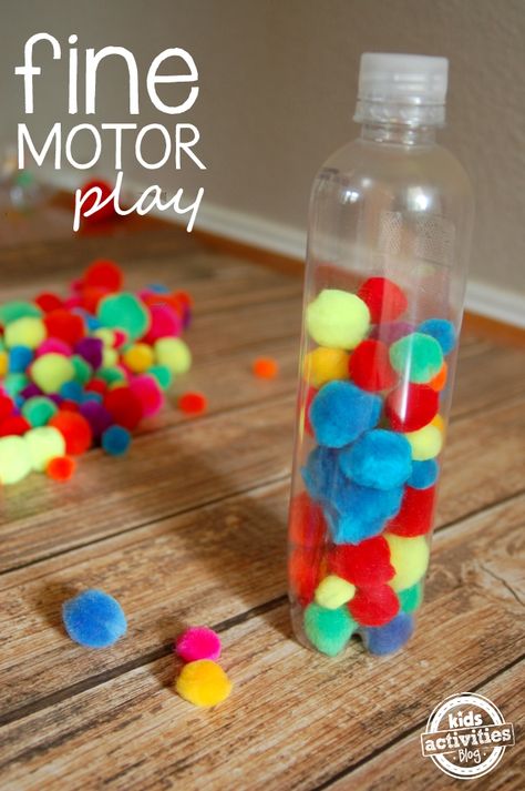 Fine motor play with pompoms and a bottle! So simple to set up and so fun for busy hands from kids activities blog. Two Years Old Activities, Fine Motor Play, Pom Crafts, Diy Lego, Preschool Fine Motor, Motor Skills Activities, Fine Motor Skills Activities, Daycare Activities, Pom Pom Crafts