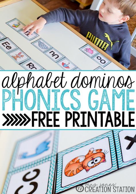 A Phonics Game: Alphabet Dominos - free printable phonics game Phonics Preschool, Emergent Literacy, Reading Phonics, Mrs Jones, Kindergarten Curriculum, Literacy Games, Creation Station, Kindergarten Games, Phonics Games