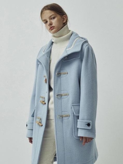 Blue Duffle Coat, Duffel Coat Outfit, Blue Coat Outfits For Women, Duffle Coat Outfit, Light Blue Coat Outfit, Blue Coat Outfit, Coat Outfits For Women, Duffle Coat Women, Light Blue Coat