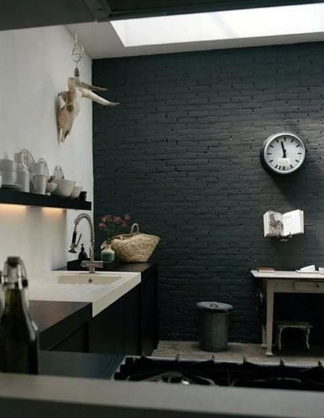 Amsterdam Kitchen. Stacked painted brick would be a beaufitul accent wall or backsplash | Black brick wall, Painted brick walls, Brick interior Painted Brick Wall, Clock On The Wall, Ikea Black, Black Brick Wall, Brick Interior, Interior Design Per La Casa, Gorgeous Houses, Gray Kitchen, Black Brick