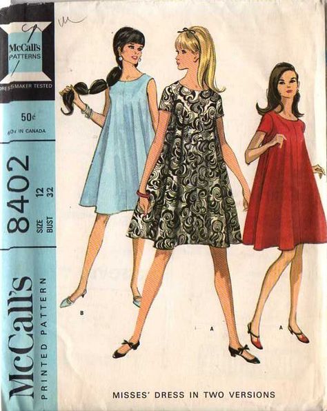 1966 Mod tent dress, trapeze dress, back zipper. "Four section, widely flared dress may be sleeveless or have short set in sleeves. Dress has center back zipper, faced and interfaced rounded neckline and dress may be lined Tent Dresses Pattern, 1960s Mod Dress, Vintage Clothes Patterns, 1960 Fashion, Vintage Dress Patterns, Mccalls Sewing Patterns, Tent Dress, Miss Dress, Trapeze Dress