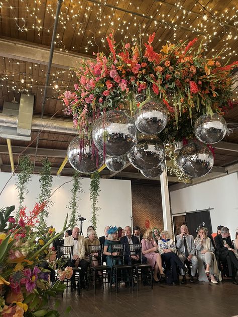 Disco Ball Wedding Chandelier, Disco Tent Wedding, Mirrorball Wedding Decor, Spring Ball Decorations, Hanging Greenery Installation, Met Gala Wedding Theme, Discoball Wedding Aesthetic, Disco Garden Wedding, Clear Tent Wedding Reception