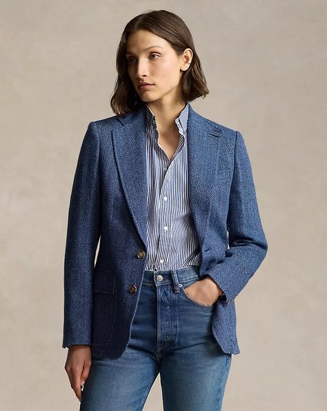 Herringbone Linen-Blend Blazer | Ralph Lauren Blazer Outfits For Women, Herringbone Blazer, Polo Ralph Lauren Women, Blazer Blue, Outfits For Women, Blazer Outfits, Denim Outfit, Herringbone, Linen Blend