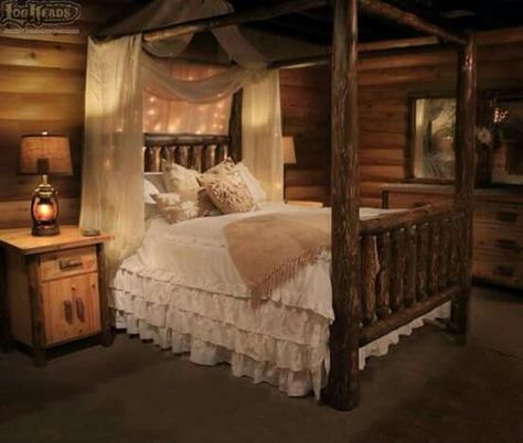 Love!! Log Canopy Bed, Rustic Log Cabin Interior, Rustic Bed, Log Bed, Western Rooms, Canopy Bed Frame, Warm Bedroom, French Country Bedrooms, Rustic Room