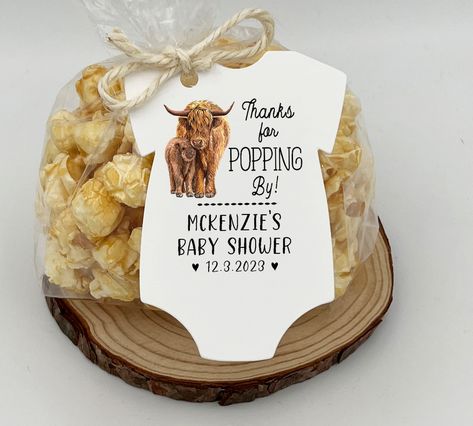 Highland Cow Baby Shower Food Ideas, Baby Shower Popcorn Favors, Cow Baby Shower Theme, Popcorn Baby Shower Favors, Baby Shower Popcorn, Cow Baby Shower, Highland Cow Baby, Cow Sunflower, Popcorn Favors