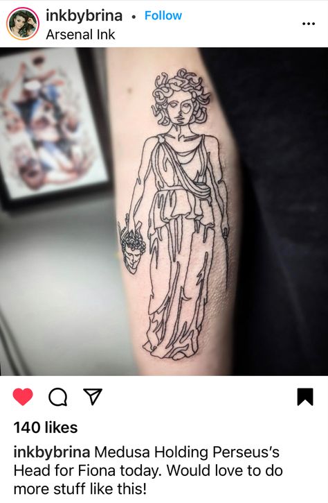 Artist instagram: @inkbybrina at Arsenal Ink #medusa #perseus #tattoo #greekmythology #mythology #art Medusa Vs Perseus, Perseus And Medusa Tattoo, Perseus Tattoo Design, Medusa Perseus, Perseus Tattoo, Medusa Tattoo Stencil, Perseus Medusa, Perseus And Medusa, Medusa Tattoos