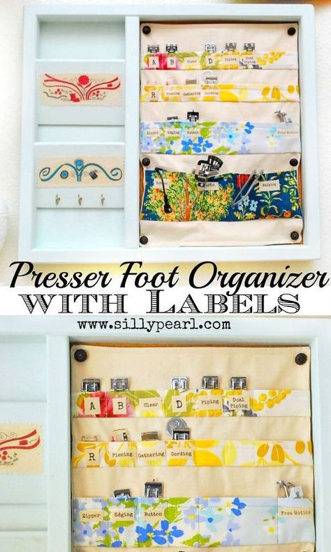 sewing machine presser foot organizer, crafts, how to, organizing, storage ideas Sewing Organizer, Strip Fabric, Sewing Craft Room, Best Sewing Machine, Goal List, Sewing Machine Feet, Sewing Room Organization, Sewing Room Ideas, Vintage Sewing Machine