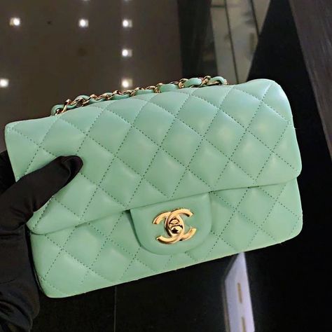 Orchmelia on Instagram: “21C pastel green mini classic flap with champagne gold hardware 👗👗👗 Brand new from boutique and ready to be shipped #chanel #chanel21C…” Green Chanel, Champagne Gold Hardware, Chanel Green, Chanel Coco Handle, Chanel Mini Flap Bag, Mint Green Aesthetic, Dream Bags, Aesthetic Bags, Mini Classic