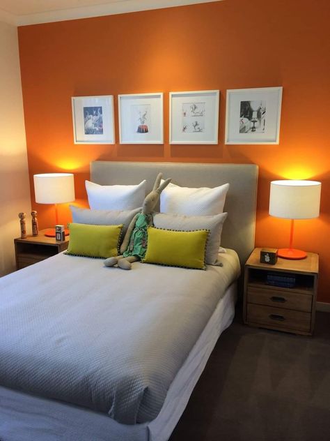 Orange Feature Wall Bedroom, Orange Grey Bedroom, Orange Accent Wall Bedroom, Orange Feature Wall, Orange Bedroom Walls, Orange Accent Walls, Indian Bedroom Design, Orange Bedroom Decor, Tradition Ideas