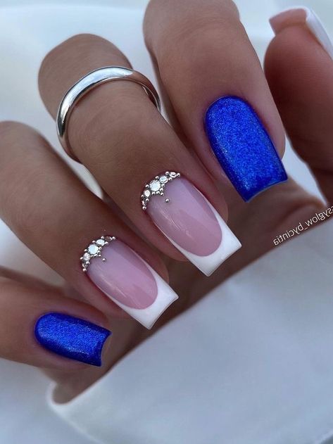 shimmery royal blue nails and white French tips Nails Royal Blue And Silver, Royal Blue Prom Nails, Nails Royal Blue, Royal Blue Nails Designs, Blue Wedding Nails, Cobalt Blue Nails, Blue Prom Nails, Blue And Silver Nails, Silver Nail Designs