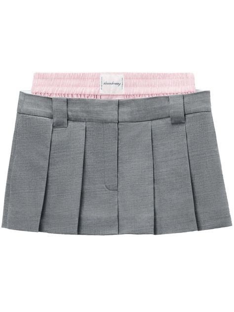 heather grey pleat detailing logo tag layered design belt loops elasticated waistband concealed front fastening two rear welt pockets straight hem Alexander Wang Skirt, Waistband Design, Pink Pleated Skirt, Detailing Logo, Yoko London, Layered Design, Iconic Bags, Logo Tag, Dolce E Gabbana