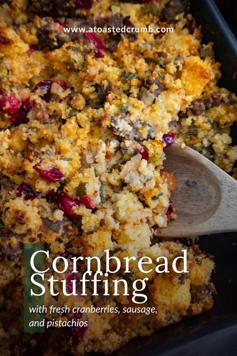 Stuff your Thanksgiving table with flavor! 🍞🍂 This Cornbread Stuffing with Cranberries, Sausage, and Pistachios is the perfect balance of savory and sweet. A delicious twist on the classic that will have everyone coming back for more! 🦃 #ThanksgivingStuffing #HolidaySides #GratefulBites Cornbread Italian Sausage Stuffing, Cornbread Cranberry Stuffing, Fresh Cranberry Stuffing Recipes, Cranberry Cornbread Stuffing, Best Cornbread Stuffing, Cornbread Stuffing With Sausage, Stuffing With Cranberries, Stuffing With Sausage, Cranberry Stuffing