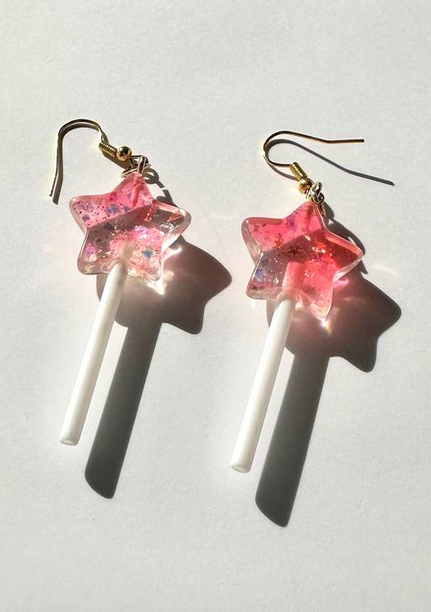 Best Friend Earrings, Pink Accessories Aesthetic, Cute Earrings Aesthetic, Star Lollipops, Lollipop Earrings, Cool Earrings, Weird Jewelry, Pretty Jewelry Necklaces, Glitter Art