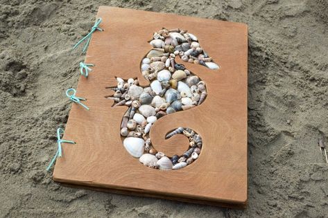 Seahorse Beach wedding guest book Seashell Nautical Rustic photo album guestbook Travel journal wood personalized Beach house decor Gift Beach Wedding Guest Book, Scrapbook Wedding, Seashell Decor, Bridal Shower Guest Book, Wooden Wedding Guest Book, Seashell Wedding, Book Scrapbook, Rustic Wedding Photos, Beach Wedding Guests