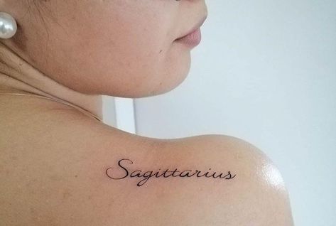 Sagittarius Tattoo: 50+ Tattoo Ideas For Women Sagittarius Writing Tattoo, Sagittarius Ankle Tattoo, Sagittarius Word Tattoo, Sagittarius Tattoo Designs For Women Small, Saggitarius Tattoo Small, Sagittarius Back Tattoo, Sag Tattoo Sagittarius, Saggitarius Tattoo Woman Sagittarius, Small Sagittarius Tattoos For Women