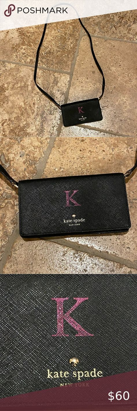 KATE SPADE Black Wallet Personalized ‘K’ Crossbody 3 1/4” x 6 1/4” Kate Spade Black Wallet, Black Wallet, Crossbody Wallet, Black Crossbody, Kate Spade Handbags, Kate Spade, Wallet, Pet, Jewelry Watches