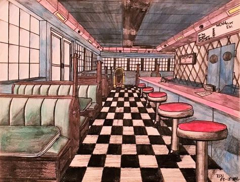 A '50s Diner by ArtsInSladeVision 50’s Diner, Diner Artwork, Diner Architecture, Old Diner Aesthetic, 50s Diner Aesthetic, Diner Drawing, Retro Restaurant Design, 1950 American Diner, 1950 Diner