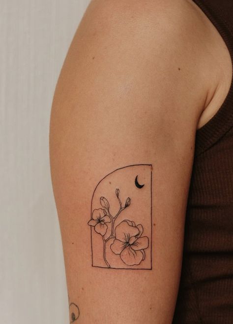 Traditional Line Tattoo, Fine Line Flower Arm Tattoo, Flower Tattoo Behind Arm Above Elbow, Line Art Flower Tattoo Arm, Single Line Art Tattoo, Fine Line Flower Tattoo Inner Arm, Upper Elbow Tattoos For Women, Minimalist Flower Vase Tattoo, Minimal Line Art Tattoo