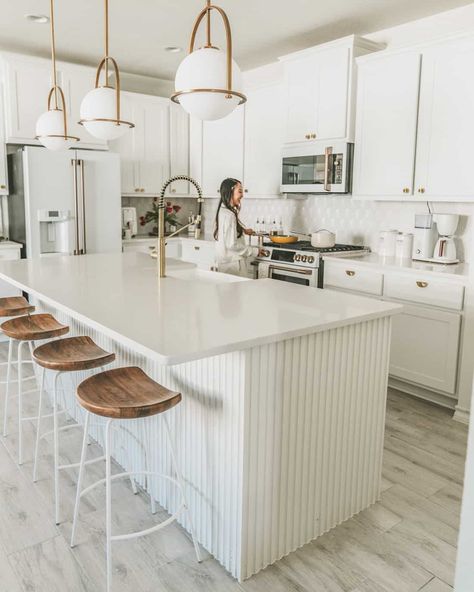 All white kitchen with white cabinets and appliances | gold fixtures Off White Cabinets With White Countertop, Kitchen With White Appliances, Appliances White, Kitchen With White Cabinets, White Kitchen Appliances, Off White Cabinets, White Farmhouse Sink, Apron Front Kitchen Sink, White Kitchen Remodeling