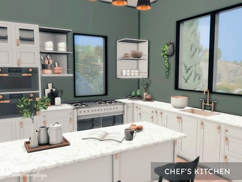 Chef House, Sims Rooms, City Bedroom, Cozy Christmas Living Room, Art Deco Living, Sims 4 Kitchen, Fancy Kitchens, Cc Sims4, Sims 4 Furniture