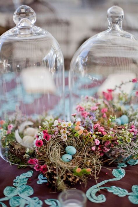 Easter Wedding Inspiration & Ideas Easter Wedding Ideas, Glass Cloches, Birds Nest, Glass Cloche, The Bell Jar, Easter Time, Glass Vases, Apothecary Jars, Easter Table