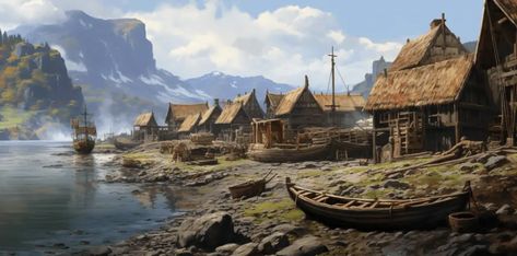 Were Vikings Before The Romans? Viking Town Art, Viking Scenery, Viking Fantasy Art Landscape, Viking Settlement, Viking Settlement Art, Viking Ship, Viking Age, City Streets, Dungeons And Dragons