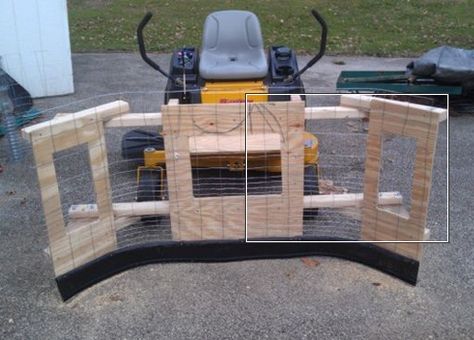 Leaf Plow by marple200 -- Homemade leaf plow constructed from lumber, plywood, wire, angle iron, and casters. Intended for a zero-turn riding mower. http://www.homemadetools.net/homemade-leaf-plow Homemade Bike Stand, Plastic Landscape Edging, 2x4 Lumber, Bike Repair Stand, Lawn Mower Storage, Garage Atelier, Tractor Idea, Diy Lawn, Garden Tool Shed