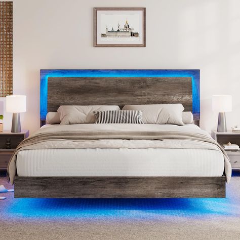 PRICES MAY VARY. Unique Floating Bed Frame-The hidden bed foot design gives a visual experience of levitation.Not only adds personality and modern technology to your bedroom, also avoids knocks and is easy to clean on a daily basis 95°Design Headboard-The wooden headboard is perfectly combined with ergonomic design, so you can comfortably lean, read & rest. The rounded corners of the bed are thoughtfully designed to avoid bumps and bruises RGBW LED Bedframe Platform-Bed frame and headboard are e Bed Frame Farmhouse, Farmhouse Bed Frame, Floating Platform Bed, Floating Headboard, Floating Bed Frame, Bed With Led Lights, Hidden Bed, Foot Design, Headboard With Lights