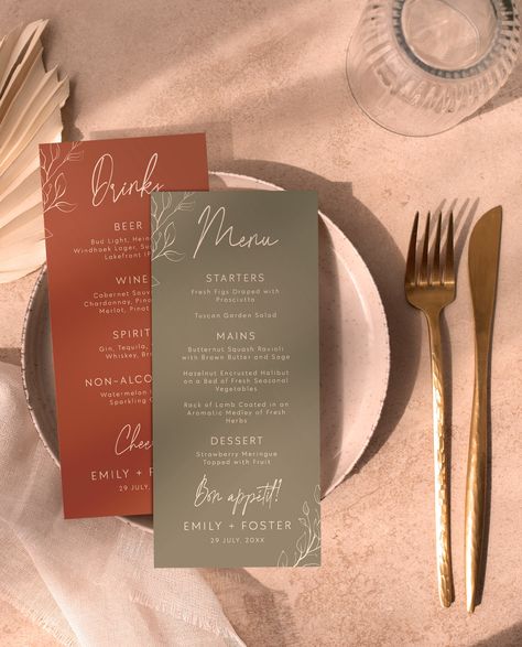 "These Sage Green & Rust Wedding Menu And Drinks Card Templates are fully editable, with a modern elegant design. This color combination works beautifully with weddings featuring dried flowers, or lots of greenery and botanical elements. Elegant sage green colors are paired with rust earth tones to celebrate rustic weddings like barn, outdoors and garden weddings. Printable Green Menu and Drink Cards Available in sizes: 4x9\" ✔️ Fully editable wording, font and colors ✔️ Edit colors of elements and background ✔️ Edit ➡ Save ➡ Download ➡ Print! PLEASE NOTE - - - - - - - - - - - * This is a digital template, which can be edited in your browser on your computer.  NO physical product will be delivered.  * Once you finish editing it, it can easily be downloaded and printed anywhere you please. Green And Burnt Orange Wedding Theme, Earthy Tone Wedding Decor, Terracotta And Green Wedding Invitations, Terracota Sage Green Wedding, Fall Wedding Menu Cards, Rust Green Champagne Wedding, Terra Cotta Green Wedding, Green And Rust Wedding Theme, Earthy Neutral Wedding