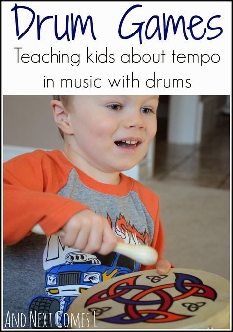 Drum games for kids - a great way to teach kids about tempo in music and get them moving from And Next Comes L Piano Tips, Music Activities For Kids, Music For Toddlers, Kindergarten Music, Music Camp, Homeschool Music, Music Lessons For Kids, Music Lesson Plans, Preschool Music