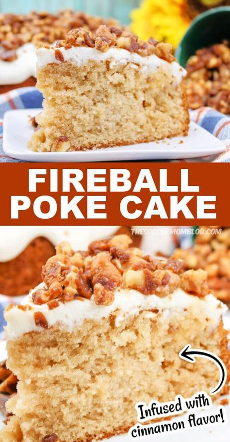 Fireball Cake, Easy Poke Cake, Pumpkin Poke Cake, Whiskey Glaze, Alcohol Cake, Cinnamon Whiskey, Whiskey Cake, Whiskey Recipes, Butter Pecan Cake