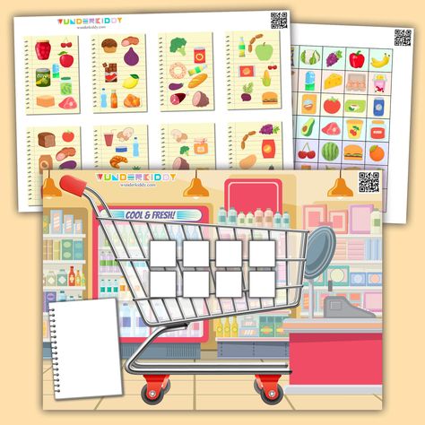 Children-friendly educational game Shopping Lists and Food is meant to develop attention, logical thinking and vocabulary. The task is to buy food according to a shopping list. Print preschool activity sheets and cut out game items: food pictures and cards with shopping lists. Then mix the cards and let a child choose one. At the beginning, ask a child to name all items from the chosen list, then to find them and put into shopping trolley. At the game set there are blank sheets, where you can ma Shopping Activities For Preschool, Preschool Activity Sheets, Shopping List Printable, Shopping List Template, Learning Preschool, Printable Games For Kids, Printable Shopping List, Shopping Games, Food Activities