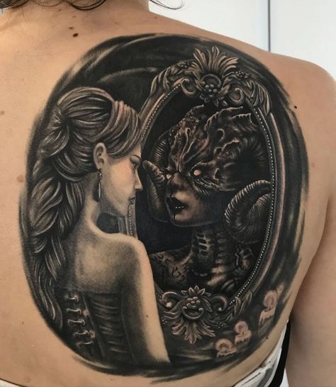 Women Looking In Mirror Tattoo, Mirror Reflection Tattoo Ideas, Mirror Skull Tattoo, Mirror Mirror On The Wall Tattoo, Skull Mirror Tattoo, Woman In Mirror Tattoo, Looking In Mirror Tattoo, Cracked Mirror Tattoo, Ornate Mirror Tattoo