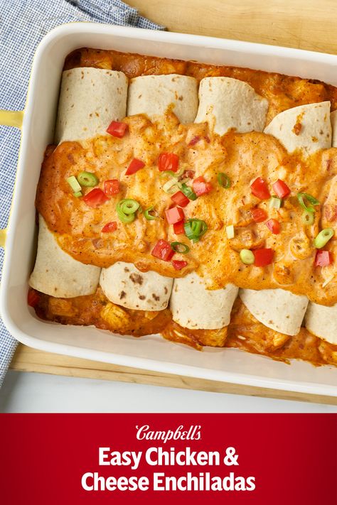 This Easy Chicken & Cheese Enchiladas is the easiest homemade enchiladas recipe ever  A few pantry staples and 15 minutes and it goes into the oven. The combination of Cream of Chicken soup, picante sauce, sour cream and chili powder makes a creamy, spicy sauce goes both into the filling and on top.  The only real prep is chopping the chicken, and any cooked chicken will work. You can even customize the toppings for these Easy Chicken & Cheese Enchiladas, think tacos and load them up! Campbell Chicken Enchiladas, Campbell Soup Chicken Enchiladas Recipe, Campbells Soup Chicken Enchiladas, Campbells Enchiladas, Chicken Enchiladas Campbells Soup, Chicken Cheese Enchiladas Easy, Easy Dinners With Chicken, Campbells Chicken Enchiladas, Super Quick Dinner Recipes