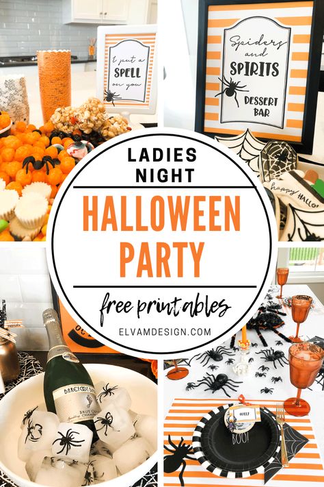 Grab the ladies for this Spiders and Spirits Halloween Party! Free printables and party ideas at elvamdesign.com #halloween #freeprintables #ladiesnight Halloween Decorations Spiders, Halloween Party For Kids, Halloween Bunco, Halloween Brew, Halloween Party Photo, Halloween Party Printables, Halloween Memes, Halloween Printables Free, Halloween Wine