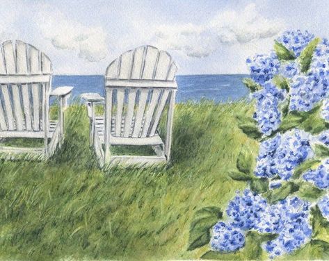 Bringing joy and beauty to your home and by LeighBarryWatercolor Cape Cod Painting, Hydrangea Watercolor, Hydrangeas Art, Cottage Prints, Hydrangea Painting, Fine Art Giclee Prints, Adirondack Chairs, Watercolor Inspiration, Coastal Wall Art