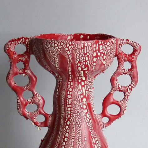 Jessica Thompson-Lee on Instagram: "New sculptural porcelain vessel 
.
Wheel-thrown and coil-built with pierced and carved handles 
.
Porcelain, red underglaze, white “lichen” glaze
10.25”(H) x 7”(W) x 4”(D)
.
.
.
#ceramics #ceramicshandmade #ceramicvessel #ceramic #ceramicart #pottery #handmadepottery #ceramicshandmade #ceramicsofinstagram #vase #vases #ceramicvase #red #redart #porcelain #porcelainpottery #porcelainvase #contemporarypottery #contemporaryceramics #potterylove #clay #clayart #clayartist #clayartwork #clayarts #textureart" Pierced Ceramics, Lichen Glaze, Contemporary Pottery, Clay Vase, Red Art, March 7, Ceramic Vessel, Contemporary Ceramics, Pottery Ideas