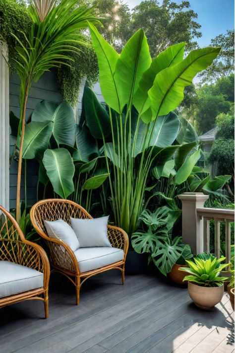 Lush greenery and pops of color on a front porch Tropical Front Porch, Wood Crafts To Sell, Cake Women, Easy Pumpkin Pie Recipe, Dream Home Office, Pumpkin Pie From Scratch, Neapolitan Cake, Front Porch Plants, Ken Takakura