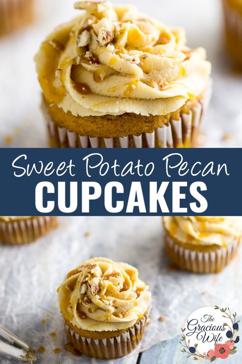 Rich and moist Sweet Potato Pecan Cupcakes are topped with a sweet caramel frosting. These festive cupcakes have all your favorite Fall flavors and would be a delicious non-pie addition to your Thanksgiving dessert table. Pecan Cupcakes Recipe, Fall Cupcakes Recipes, Pecan Cupcakes, Thanksgiving Dessert Table, Sweet Potato Cupcakes, Sweet Potato Pecan, Thanksgiving Desserts Table, Caramel Frosting, Pecan Cake