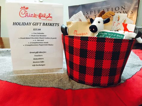 Holiday gift baskets at 4th Street Chick-fil-A. Over $50 in coupons for only $25. Great for teachers, babysitters, ministers, gift exchanges or any Chick-fil-A lover.  Come by or call to reserve 727.502.9402. Chick Fil A Gift Basket, Chick Fil A Christmas Gift, Chick Fil A Christmas, Chicago Themed Baskets For Raffles, Free Chick Fil A Teacher Appreciation Gifts, Chick Fil A Gift Card, Peppermint Shake, Fundraiser Baskets, Christmas Gift Baskets Diy