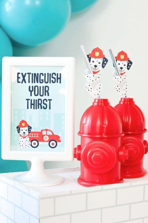 Check out this fun vintage fire truck birthday party! The drinks served in hydrant bottles are so cool! See more party ideas and share yours at CatchMyParty.com Birthday Firefighter, Truck Party Decorations, Fire Truck Birthday Party, Vintage Fire Truck, Fire Truck Birthday, Truck Birthday Cakes, Firetruck Birthday Party, Fire Truck Party, Firefighter Party