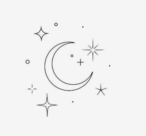 Small Moon With Stars Tattoo, Start And Moon Tattoo, Crescent Moon Tattoo Stencil, Half Moon And Star Tattoo, Moon Tattoo With Meaning, Moon Mini Tattoo, Moon Tattoo Linework, Small Tattoo Moon, Moon Tattoo Line