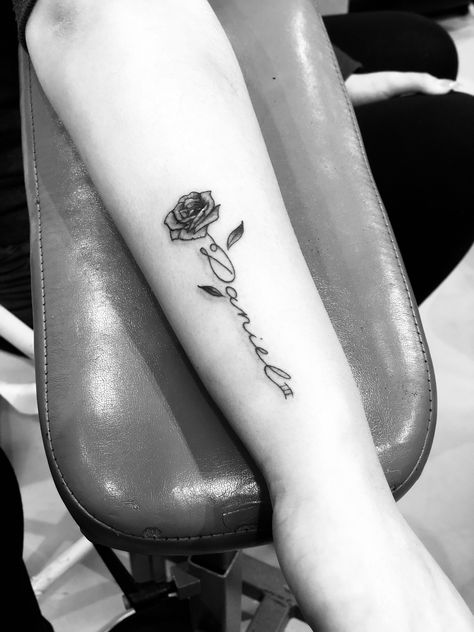 One for Daniel, RIP.  Rose with name stem tattoo by Luke Wessman Rose With Name Stem Tattoo, Name Stem Tattoo, Luke Wessman, Kurt Tattoo, Mama Tattoos, Stem Tattoo, Daniel Tattoo, Rose Tattoo With Name, Wörter Tattoos