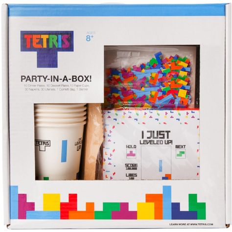 PRICES MAY VARY. TETRIS PARTY-IN-A-BOX: Everything you need to throw a party for Tetris fans! Perfect for ages 8 & up! High-Quality party decorations and party supplies are all conveniently packaged in one box. EVERYTHING INCLUDED! Each Tetris Party-In-A-Box includes: 10 Large Paper Plates, 10 Dessert Plates, 10 Paper Cups, 30 Napkins, 10 Wood Forks, 10 Wood Knives, 10 Wood Spoons, 1 “I Just Leveled Up!” Banner, 1 Package of Confetti YOU JUST LEVELED UP! Everything you need to get your Tetris th Metroid Party, Tetris Decorations, Tetris Party, Tetris Design, Video Game Birthday, Super Metroid, 100 Plus, Video Game Party, Video Games Birthday