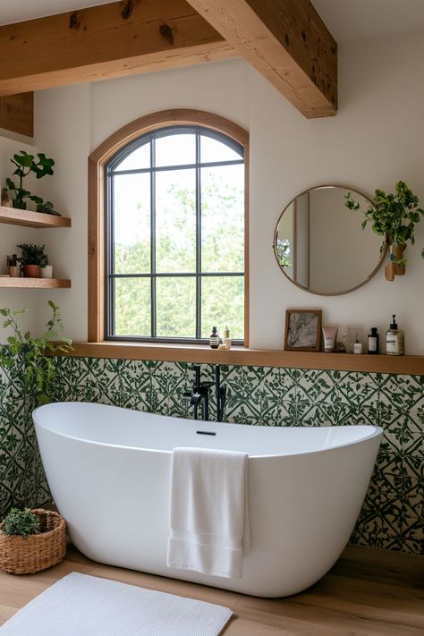 Light Green And White Bathroom, Bathroom Green Accents, Bathroom Aesthetic Green, Green Tile Bathroom Vintage, Green Floral Bathroom, Bathroom Eucalyptus, Bathroom Design Green, Sage Green Bathroom Ideas, Bathroom With Shower And Bath