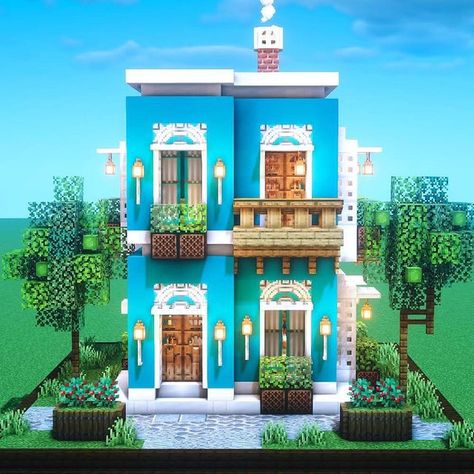 Colorful Minecraft Houses, Small Square House, Minecraft Hus, Square House, Rumah Minecraft Sederhana, Minecraft Mansion, House Tutorial, Minecraft Structures, Minecraft Interior Design