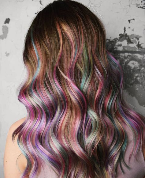 Funfetti cake 🍰 a gorgeous take on rainbow brunette hair by @ssscoundrel // #rainbowhair #brunetterainbowhair #pastelhaircolor Rainbow Hair Highlights, Oil Slick Hair Color, Light Balayage, Fall Hair Colors For Blondes, Hair Colors For Blondes, Oil Slick Hair, Pastel Rainbow Hair, Rainbow Highlights, Peekaboo Hair Colors