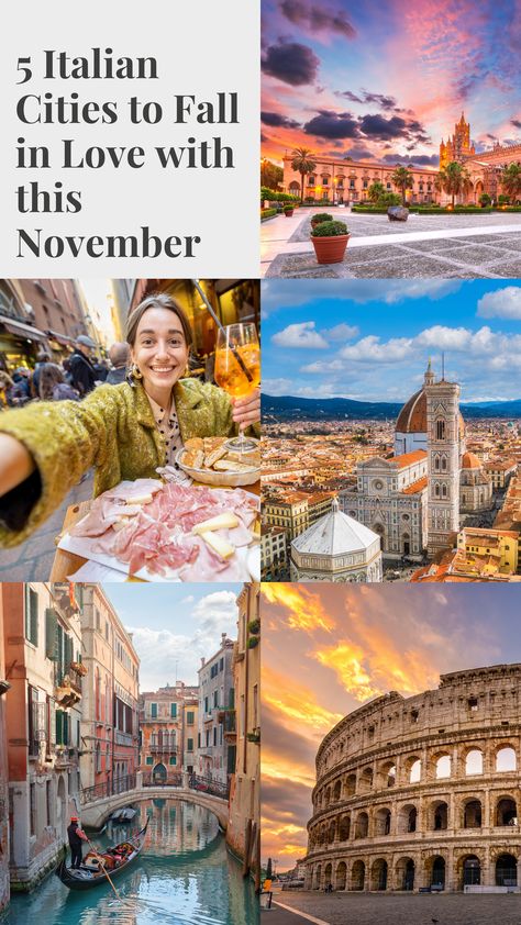 Fall in love with an Italian city this November. It’s hard to choose, but here’s a list of five of the best. Take your pick… 

Rome
Venice 
Bologna 
Florence 
Palermo 

Find out why you should visit on our dedicated website blog! Florence In November, Italy Cities, Italy In November, Vacation To Italy, Plan A Vacation, Italian Cities, Cities To Visit, Italian City, Bologna Italy