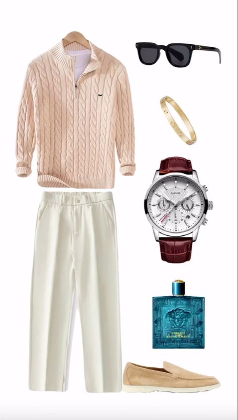 Old money, outfit idea, men, beige and white, luxury, pants, sweater Outfit Idea For Men, Cream Outfit, Old Money Outfit, Money Outfit, Colour Combinations Fashion, Beige Jeans, Beige Outfit, Winter Outfits Men, Outfits Men